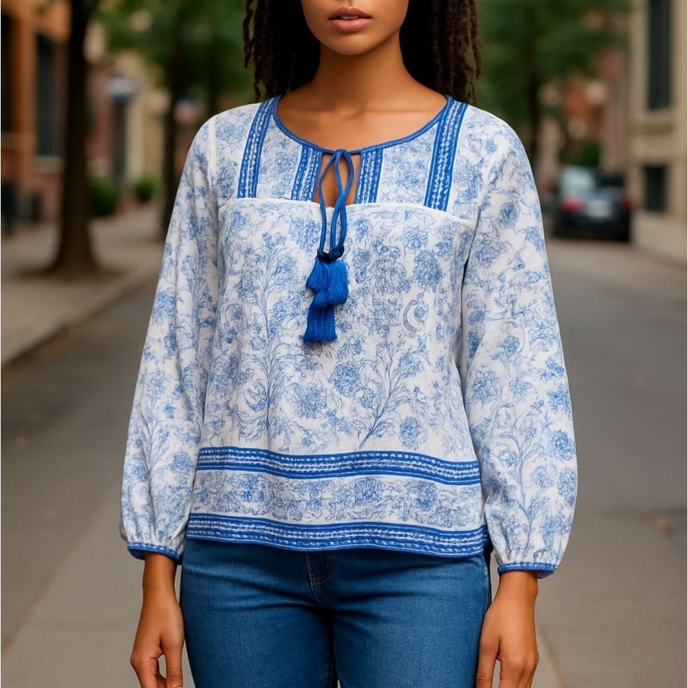 J. Crew Point Sur Blue and White Floral Top